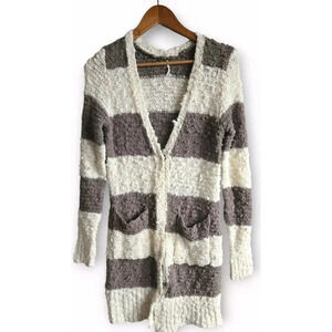 Free People Cardigan Womens S Cuddle Bear Brown Striped Boucle Wool Blend Pocket